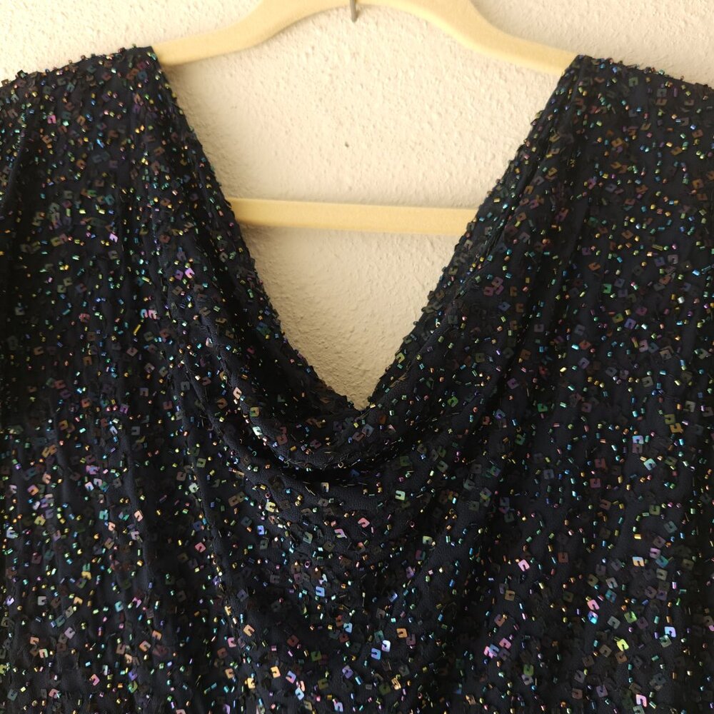 JKARA Chiffon Evening Dress Plus Size 18W Navy Blue, Sequin Bodice - Picture 4 of 12